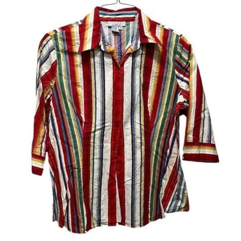 Ninety Woman Button Down Shirt Cotton Multicolor Stripe 1X Vintage Boho